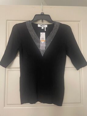 DKNY Black Ribbed V-Neck Top with Studded Trim